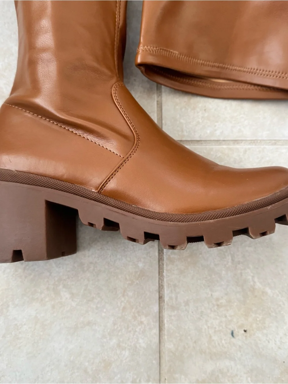 Womens Cognac Brown Faux Leather Over The Knee Lug Sole Chunky Heel Boots 9.5-10